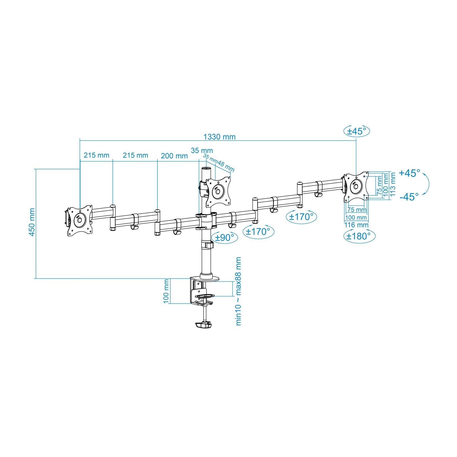 Support triple-écran é fixer Tooq DB1327TN 13"-27" (8kg max) (Noir)