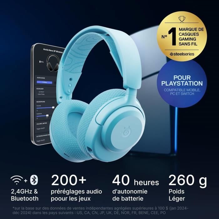 Casque gaming sans fil - STEELSERIES - Arctis Nova 3PW - Autonomie 40h - Bluetooth + 2,4 GHz - Couleur Bleu ciel