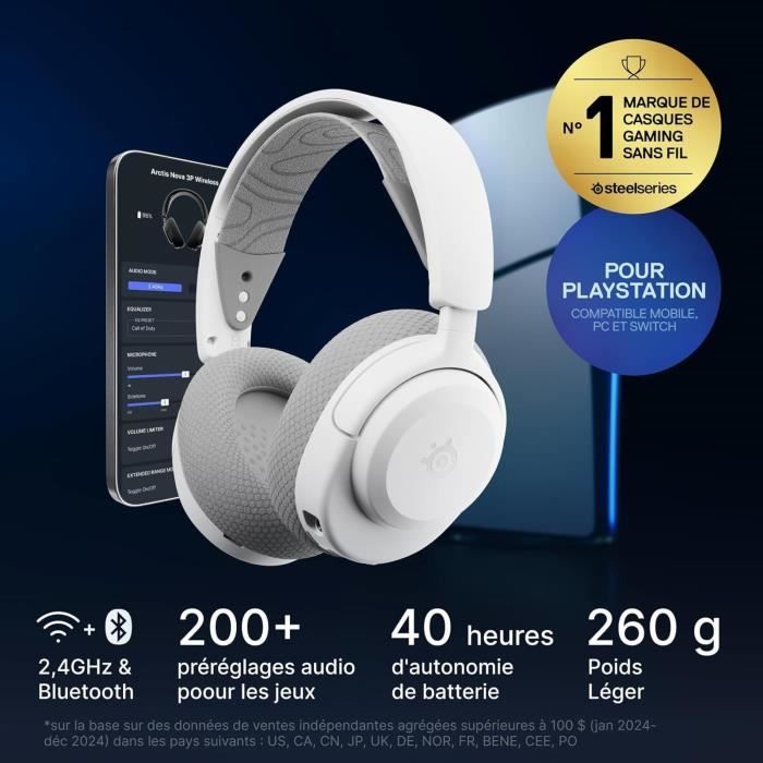 Casque gaming sans fil - STEELSERIES - Arctis Nova 3PW - Autonomie 40h - Bluetooth - USB-C Plug & Play