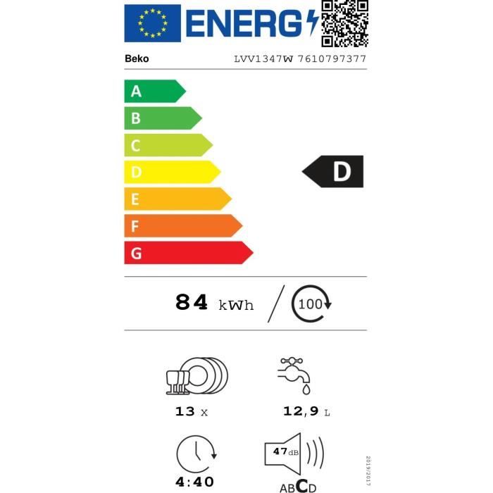 Lave-vaisselle pose libre BEKO LVV1347W bPRO 500 - 13 couverts - L60 cm - 47 dB(A) - Classe D - Blanc