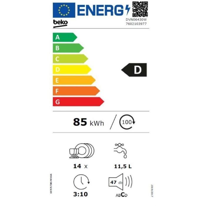 Lave-vaisselle pose libre BEKO DVN06430W b100 - 14 couverts - L60cm - 47 dB - Classe D - Blanc