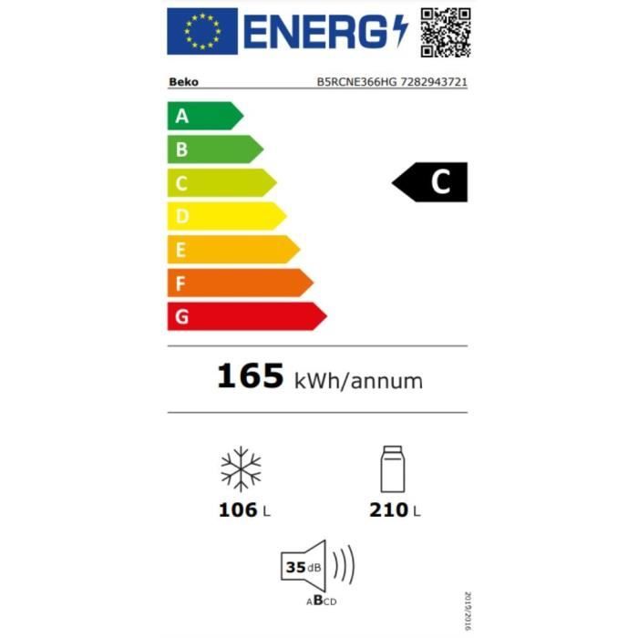 Réfrigérateur combiné - BEKO - B5RCNE366HG - Classe C - 316 L - 59,5 x 66,3 x 186,5 cm - Manhattan Gray
