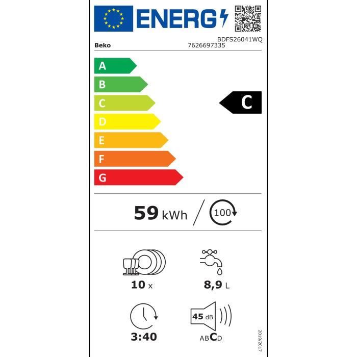Lave-vaisselle pose libre BEKO BDFS26041WQ - 10 couverts - Induction - 45 cm - 45 dBA - Blanc