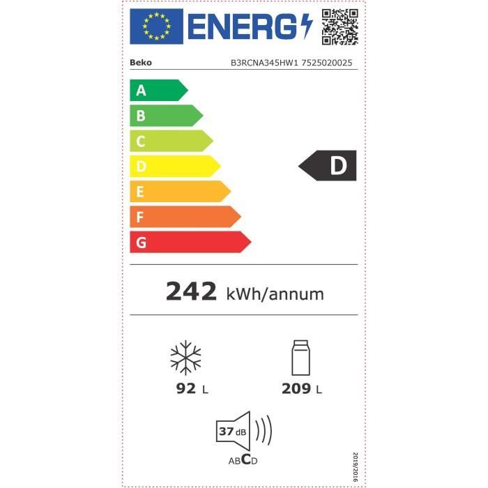 Réfrigérateur combiné - BEKO série bPro500 - B3RCNA345HW1 - Classe D - 301 L - 59,5 x 66,5 x 179,6 cm - Blanc