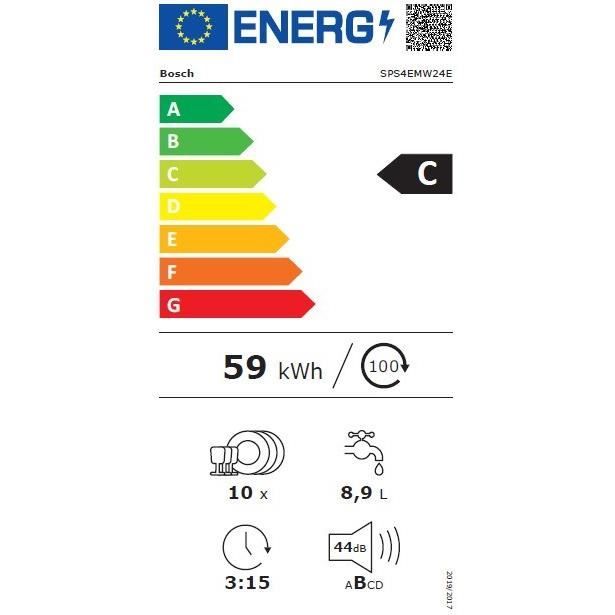 Lave-vaisselle pose libre BOSCH SPS4EMW24E SER4 - 10 couverts - Induction - L45cm - 44 dB - Classe C - tiroir a couverts - Blanc
