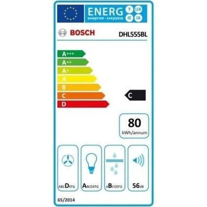 Groupe filtrant 650 m3/H - BOSCH DHL555BL - 50 cm - Classe C  79.8 kWh/an - Evacuation ou recyclage avec filtre a charbon DH - Métal