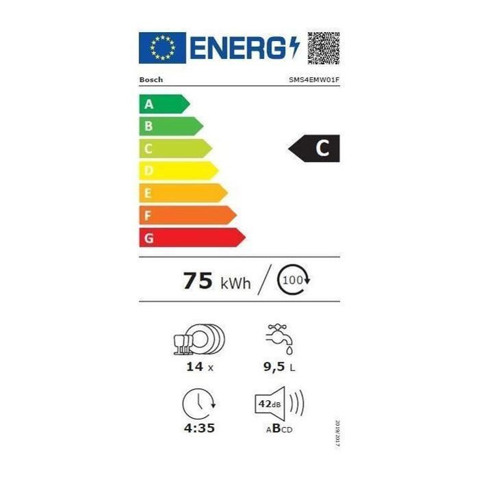 Lave-vaisselle pose libre BOSCH SMS4EMW01F SER4 - 14 couverts - Induction - L60cm - 42 dB - tiroir a couverts - Blanc