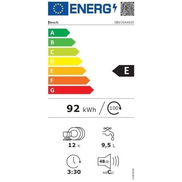 Lave-vaisselle tout encastrable BOSCH SBV26AX01F SER2 - 12 couverts - Induction - 48 dB - H86 - 6 programmes