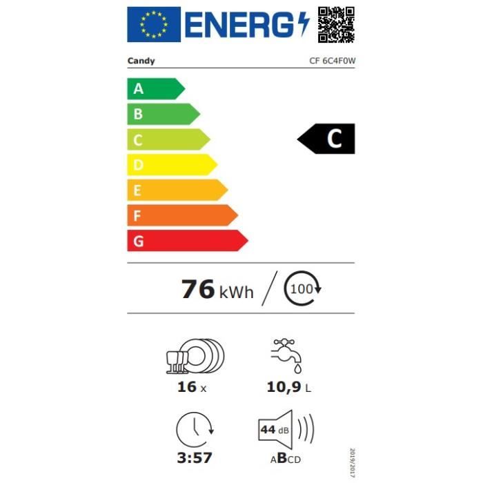 Lave-vaisselle pose libre CANDY CF6C4F0W - 16 couverts - 44dB  - Maxi Cuve - Connecté - Blanc