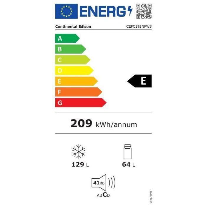 Réfrigérateur congélateur bas - CONTINENTAL EDISON - CEFC193NFW3 - Classe E - 193 L - L48 x P57,5 x 154cm - Blanc