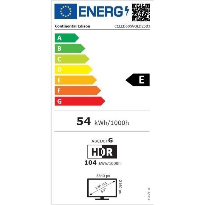 TV QLED - CONTINENTAL EDISON - CELED50SVQLD25B3 - 50'' (126 cm) -  UHD 4K 3840x2160 - SMART VIDAA - 3xHDMI - 2xUSB