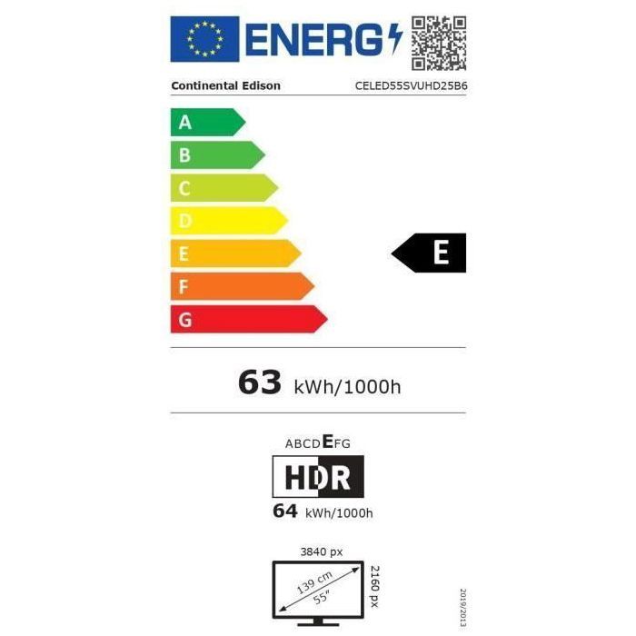 TV LED - CONTINENTAL EDISON - CELED55SVUHD25B6 - 55'' (139 cm) - UHD 4K 3840x2160 - SMART VIDAA - 3xHDMI - 2xUSB