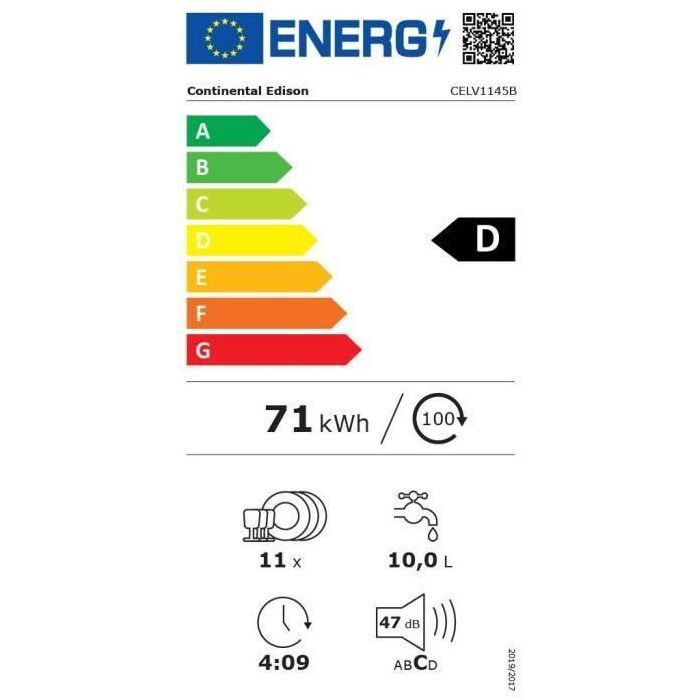 Lave-vaisselle pose libre - CONTINENTAL EDISON - CELV1145B - 11 couverts - 45 cm - 45 dB  - Noir