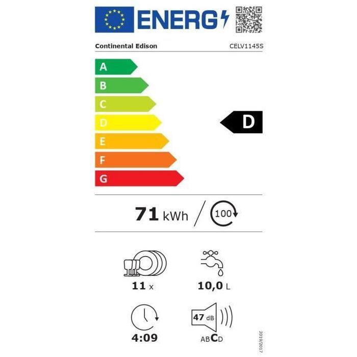 Lave-vaisselle pose libre - CONTINENTAL EDISON - CELV1145S - 11 couverts - 45 cm - 45 dB  - Silver