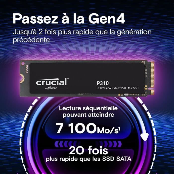 CRUCIAL - P310 - SSD interne - 4 To - PCIe Gen4 NVMe M.2 - Vitesse lecture Jusqu'a 7100 Mo/s - CT4000P310SSD8