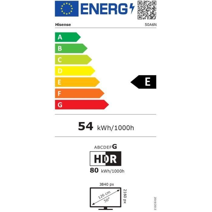 Hisense 50A6N - TV LED 50 (126 cm) - Bords ultra fins - 4K UHD (3840x2160) - Dolby Vision - TV connecté - 3xHDMI 2.1