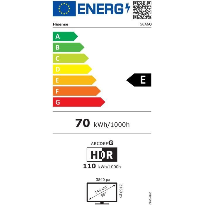 Hisense 58A6Q - TV LED 58 (146 cm) - 4K UHD 3840x2160 - HDR10+ - TV connecté - 4xHDMI 2.1 - WiFi