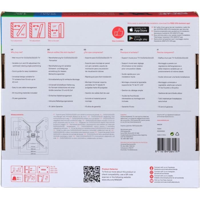 ONE FOR ALL WM2241 Support mural avec réglage d'inclinaison et de rotation (90°) pour TV de 13 a 43 (33 a 109cm) - Poids max : 30kg