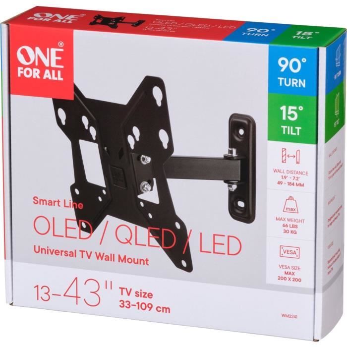 ONE FOR ALL WM2241 Support mural avec réglage d'inclinaison et de rotation (90°) pour TV de 13 a 43 (33 a 109cm) - Poids max : 30kg