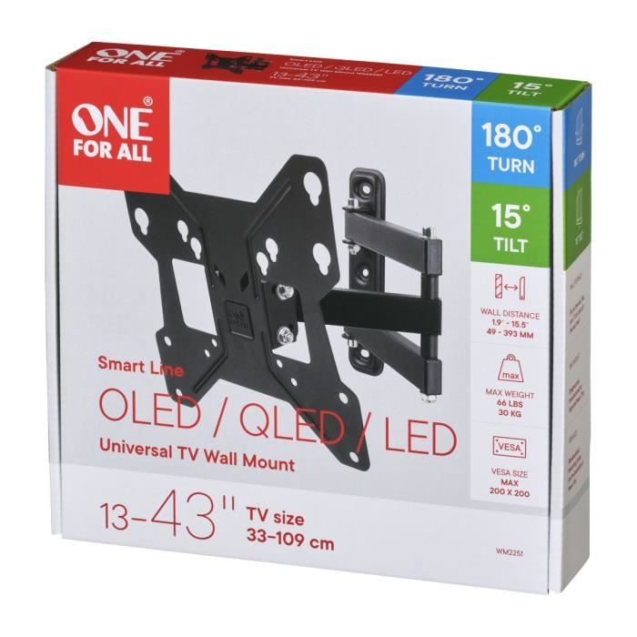 ONE FOR ALL WM2241 Support mural inclinable (15°) et orientable (180°) pour TV de 13 a 43 (33 a 109cm) - Poids max : 30kg