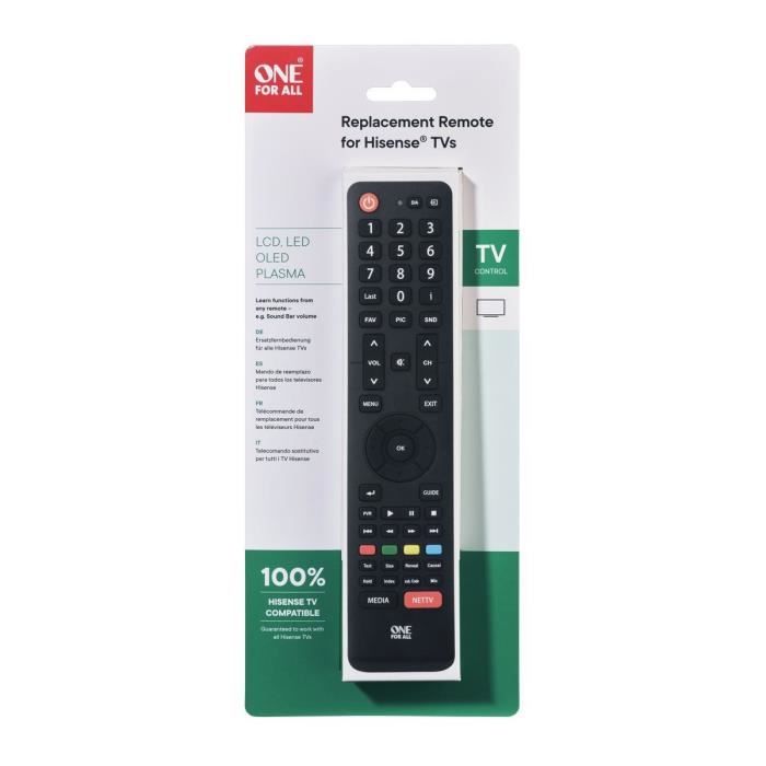 Télécommande Universelle - ONE FOR ALL - URC1916 - Compatible avec TV Hisense - Design Élégant - Noir