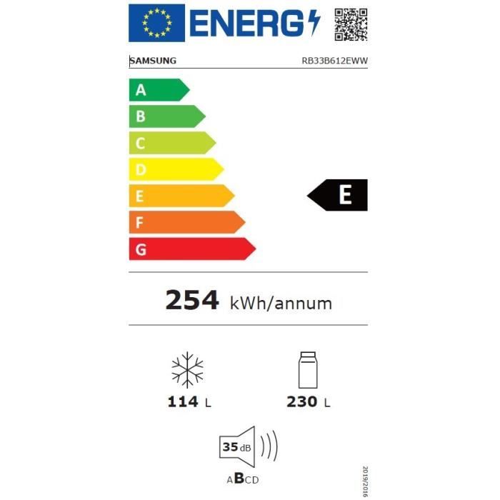 Réfrigérateur combiné - SAMSUNG - RB33B612ESA - 344 L - Classe E - 59,5 x 65,8 x 185,3 cm - Blanc