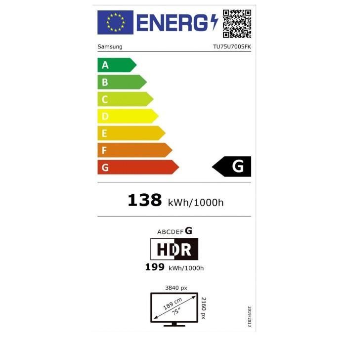 Samsung 75U7005F - TV LED 75 (190 cm) - 4K UHD 3840x2160 - HDR10+ - Smart TV - Gaming Hub - 3xHDMI - WiFi