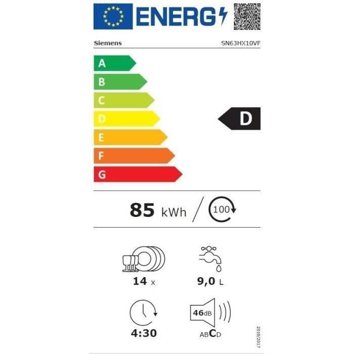 Lave-vaisselle tout encastrable SIEMENS SN63HX10VF iQ300 - 14 couverts - 46 dB - tiroir a couverts - 6 programmes