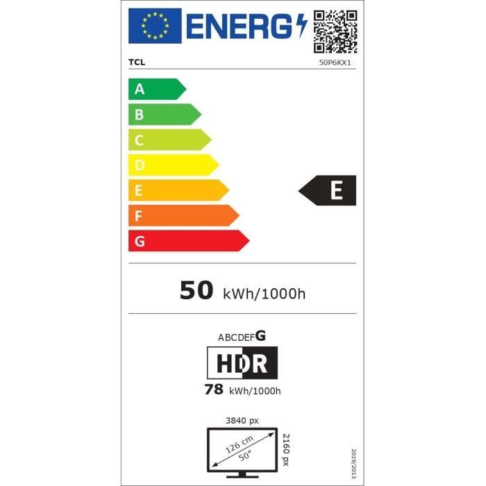 TCL 50P6K - TV LED 50 (126 cm) - 4K UHD 3840x2160 - HDR10+ - Google TV  - 3xHDMI 2.1 - WiFi