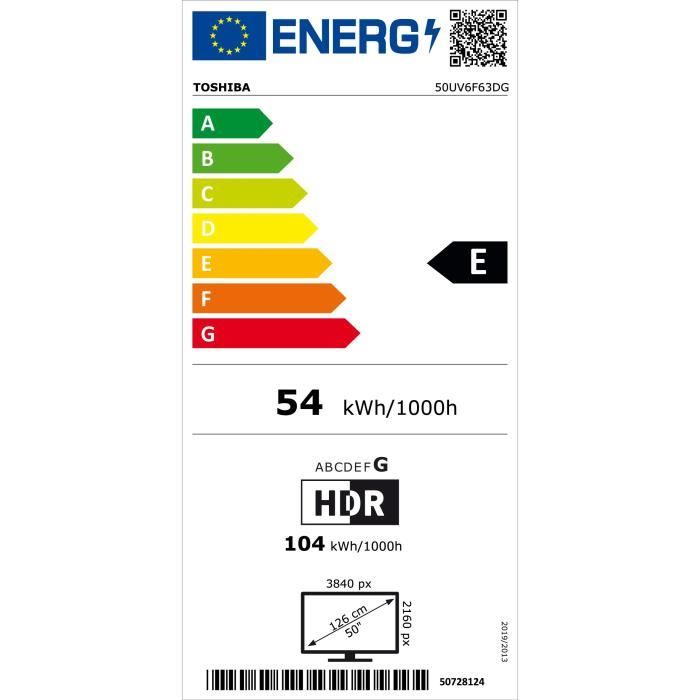 TOSHIBA 50UV6F63DG - TV LED 50'' (126 cm) - 4K UHD 3840x2160 - Dolby Vision - Smart TV - 3xHDMI