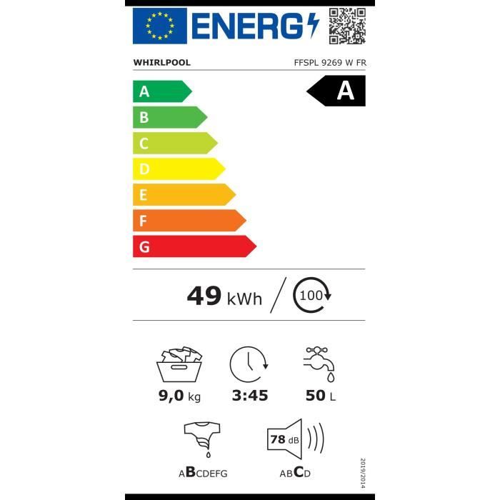 Lave-linge hublot WHIRLPOOL FFSPL9269WFR Freshcare - 9 kg - Induction - L60cm - 1200 trs/min - Classe A - Blanc