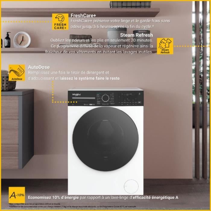 Lave-linge hublot WHIRLPOOL WPM87WADSFR - 8 kg - Induction - 1400 trs/min - Autodose - Vapeur - Classe A-10% - Blanc