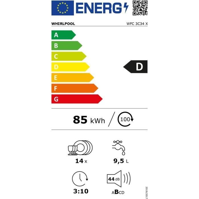 Lave-vaisselle pose libre WHIRLPOOL WFC3C34X - 14 couverts - Induction - L60cm - 44 dB - Inox